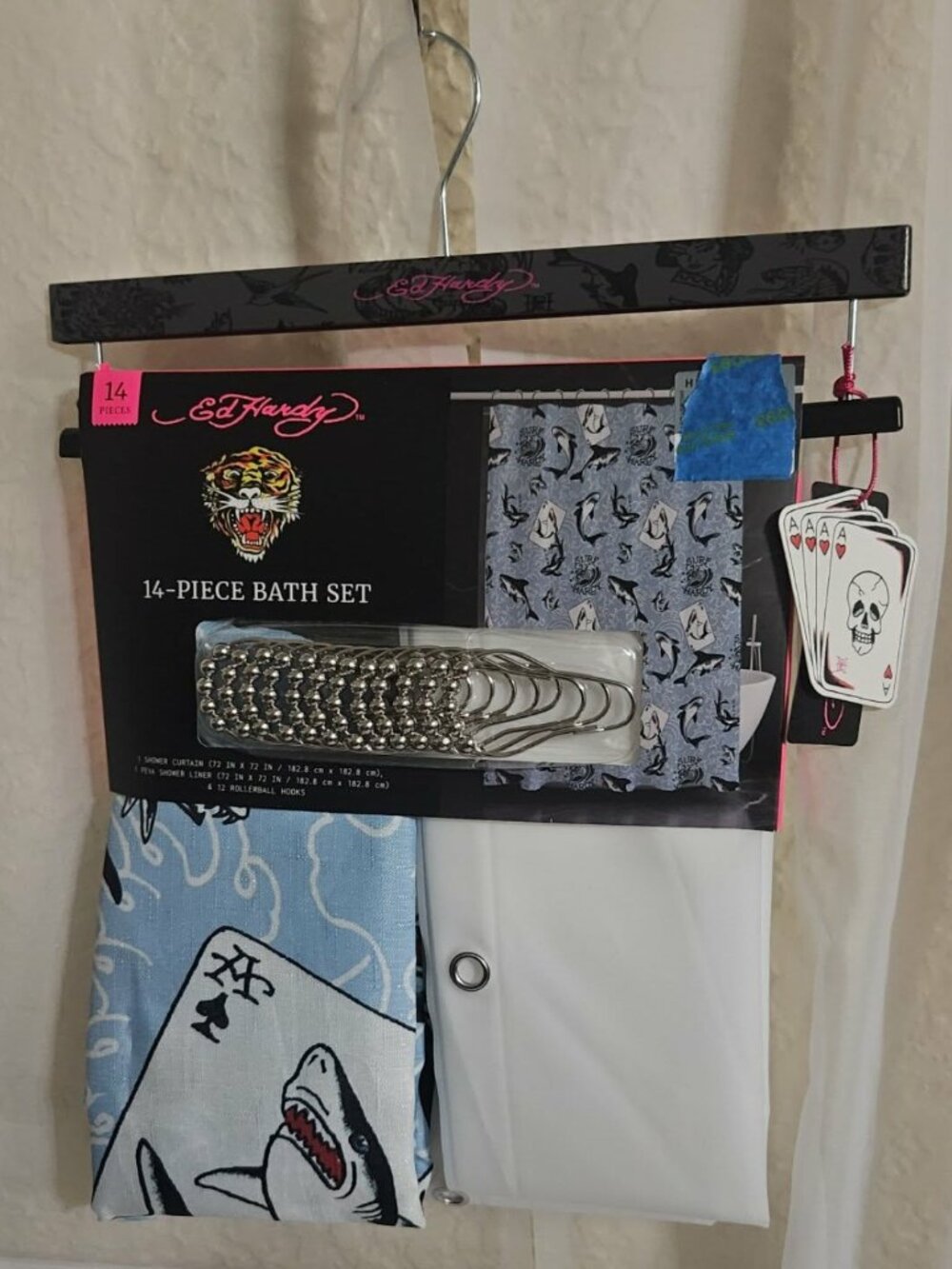 Ed Hardy 14-Piece Bath Set NWT Shark Playing Cards Tattoo Print Blue Black Rare - Picture 2 of 4